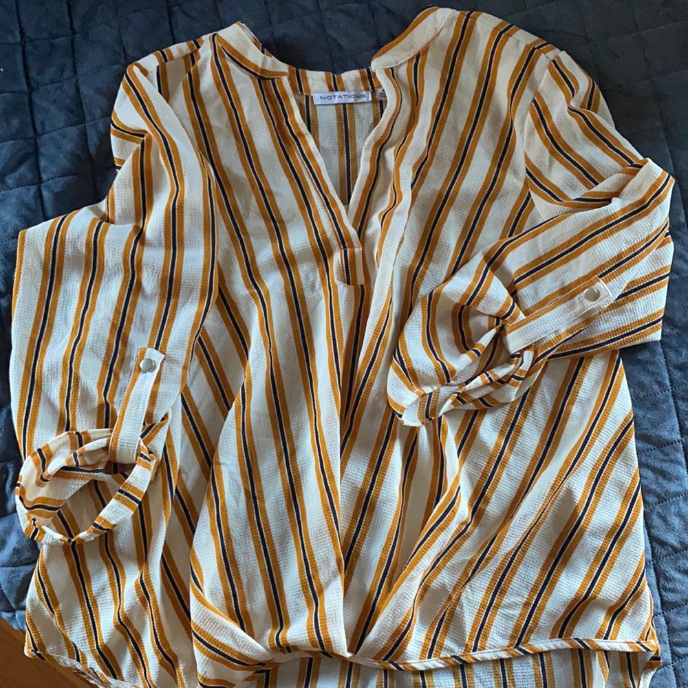 Brand NEW XL BLOUSE navy blue mustard yellow and cream colored stripes